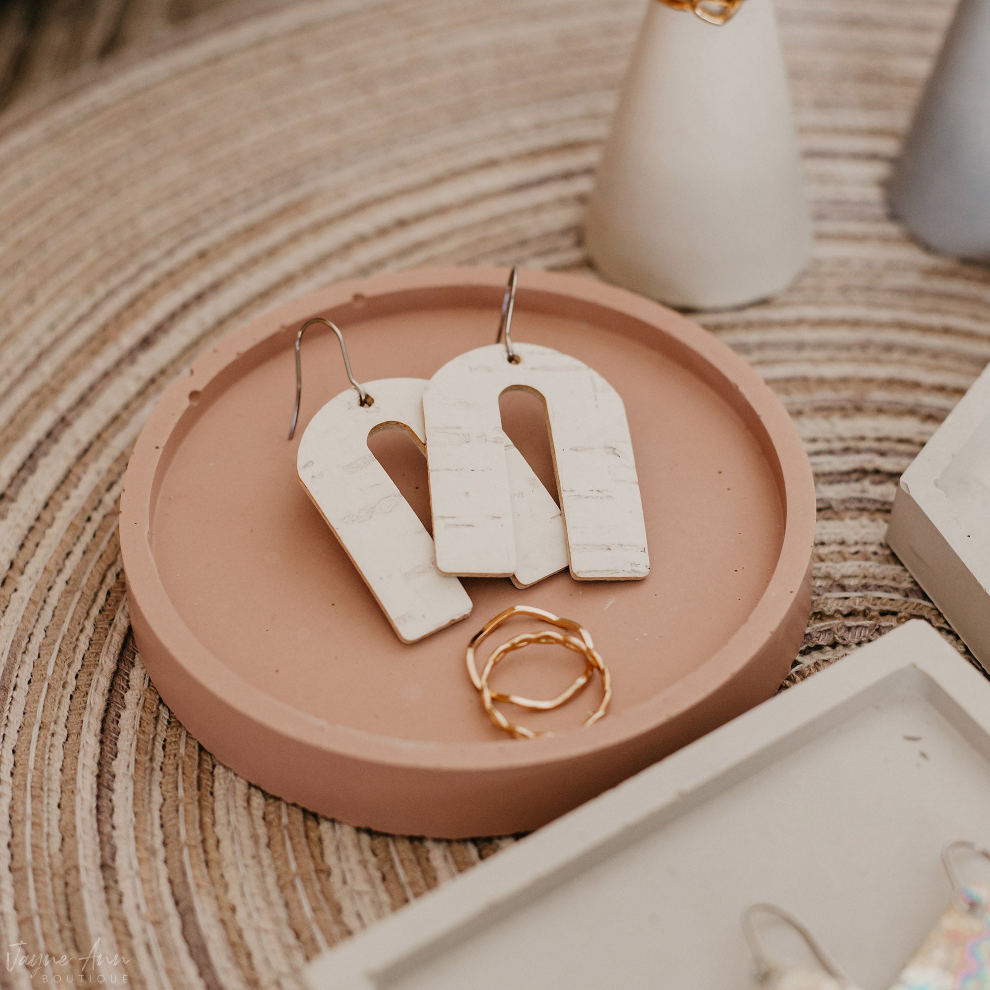 White Leather Cork Arch Earrings